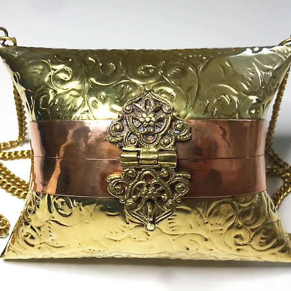 Vintage NEW Shiny Brass & Copper Metal Pillow Purse, Embossed Pillow Bag, Handmade Chain Link Strap Velvet Lining Art Deco Handbag Purse 5"