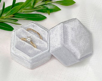 Proposal Ring Box, Velvet Vintage Handmade, Bride's Ring Box, Velvet Ring Box, Vintage Ring Box, Ring Bearer Box Silver Gray 2 Ring Hexagon