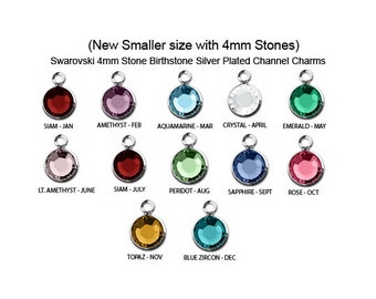 12 Pcs  4mm Stone (New Smaller) Bezel Set Swarovski Birthstone Crystal Charms,  Sterling Silver Plated, 1 of each month, - CC4S-SET12
