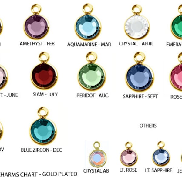12 pcs Gold Swarovski®/PRECIOSA  Birthstone Crystal Charms (1 each Color) 6mm Stone Non tarnish Gold Plated, Crystal Birthstone Charms