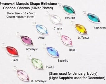 12 Pcs Marquis Swarovski Birthstone Crystal Charms, Sterling Silver Plated Bezel, 1 of each month, - CCMS-SET12