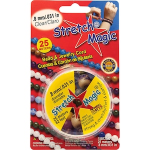 May include: A spool of clear stretch magic bead and jewellery cord. The spool is 25 metres or 82 feet long and has a diameter of 0.8 mm or 0.031 inches. The spool is labelled "Stretch Magic" and "Bead & Jewellery Cord".