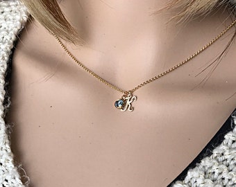 Initial & Birthstone 14k Gold filled Necklace, Script Style Letter, Swarovski Crystal Birthstone, Personalized Monogramed Bridesmaids Gifts