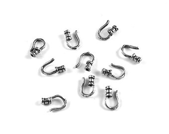 May include: Ten silver-toned metal hooks with a loop at the top and a barrel-shaped connector at the bottom.