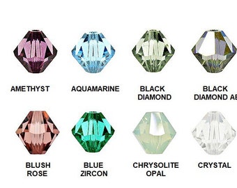 May include: Assortment of 10 faceted glass beads in various colors, including amethyst, aquamarine, black diamond, black diamond ab, blush rose, blue zircon, chrysolite opal, and crystal.