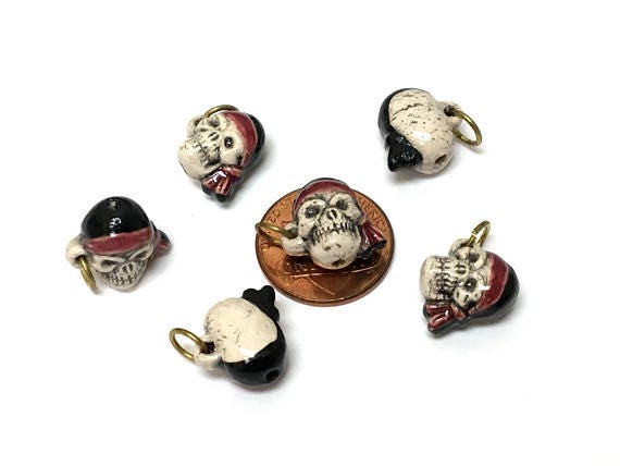 Tiny Pirate Skull Beads Peruvian Beads, Ceramic Beads, Lots of 4