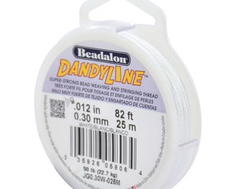 Beadalon DandyLine 0.012" (0.30 mm) White 82 ft (25 m) Braided Beading Thread, Super Strong Beading Thread, Made in USA