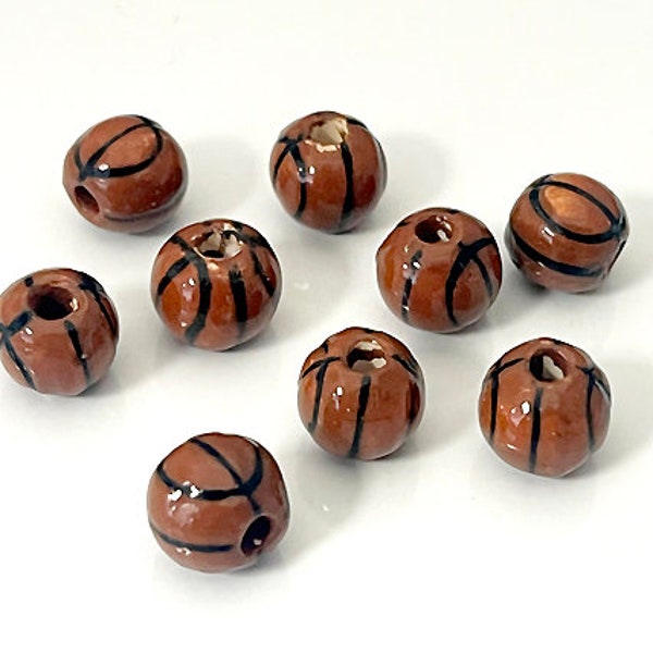 10pcs 8mm Ceramic Basketball Sports Beads, 2.25mm hole, Team Sports Beads, Basket Ball Beads, Hand Painted - DS61-2