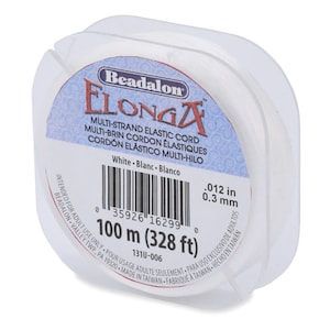 May include: White Beadalon Elongax Multi-Strand Elastic Cord, 100 meters (328 feet), 0.012 inches (0.3 mm) thick. Intended for adult use only.