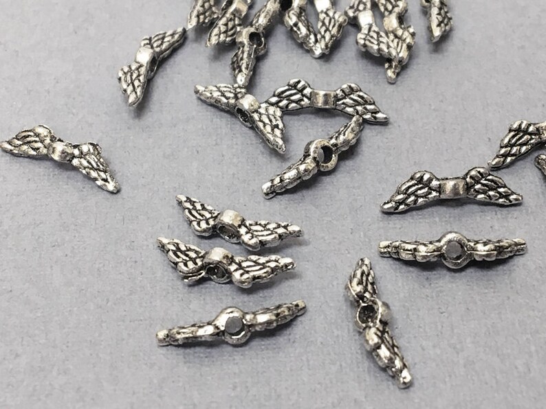 Antique Silver Finish 12mm Silver angel wing beads angel beads- PBF310 100Pc Small Winged Beads Silver wing beads Pewter