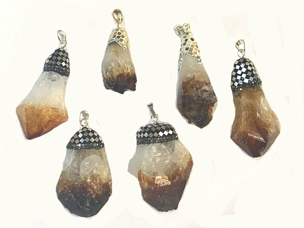 Citrine Pendant with rhinestone fancy Cap, Boho pendants 2'- 2.5", Choose Pendant- 1 Pc - AP468