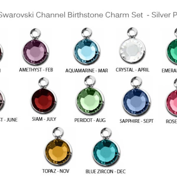12 pcs Swarovski®/PRECIOSA Birthstones Channel Charms Silver Plated (1 Set)  CC6S, 6mm Stone birthstone crystal charms -CC6S-SET12