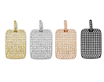 Pave Dog Tag Pendant Charm, Cubic Zirconia, Unisex (27mm x 18mm) in Gold, Rose gold, Gunmetal Black, Silver  BMPTag-XX