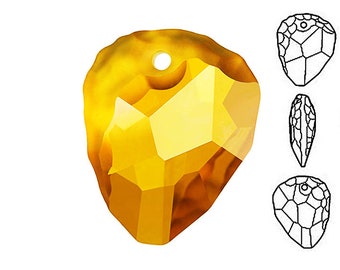 May include: A large, faceted, amber-colored crystal pendant with a hole at the top for hanging. The pendant is shaped like a heart with a pointed bottom. A line drawing of the pendant is shown to the right.