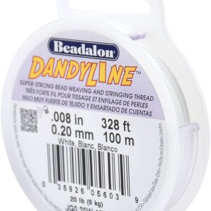 May include: White Beadalon Dandyline Super-Strong Bead Weaving and Stringing Thread, 0.008 in (0.20 mm), 328 ft (100 m), 20 lb (9 kg) test strength.