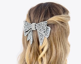 Marcasite Crystal Bow Barrette: Long Silver Hair Clip  display picture 3