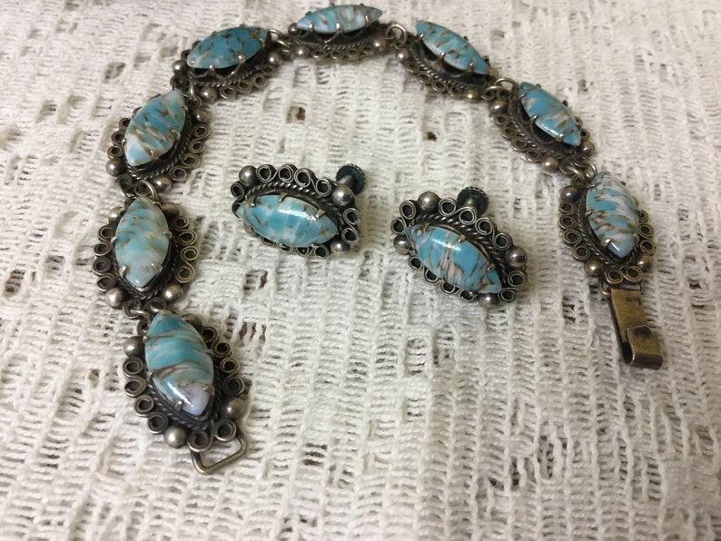 Vintage Mexican Sterling Stone Bracelet and Earrings