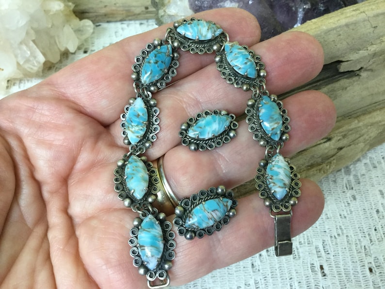 Vintage Mexican Sterling Stone Bracelet and Earrings