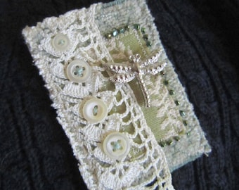 Textile Fiber Art Pin - Mini dragonfly brooch with antique lace, buttons and beading