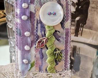 Textile Fiber Art Pin - Mini flower brooch with antique lace, buttons and beading. Upcycled