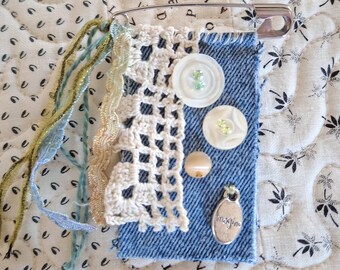 Textile Fiber Art Pin - Boho denim brooch with antique lace, vintage MOP buttons and fibers.