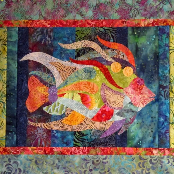 Caribbean Angel Fish raw edge applique and pieced wall quilt pattern