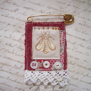 Textile Fiber Art Pin - Bee brooch with antique lace, buttons and beading