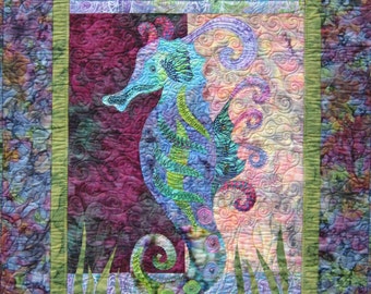 Sea Gem raw edge applique and pieced seahorse wall quilt pattern