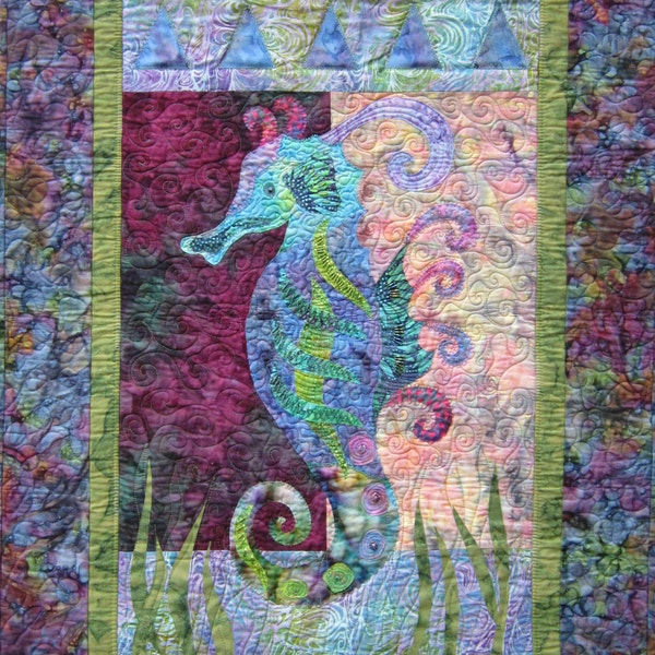 Sea Gem raw edge applique and pieced seahorse wall quilt pattern