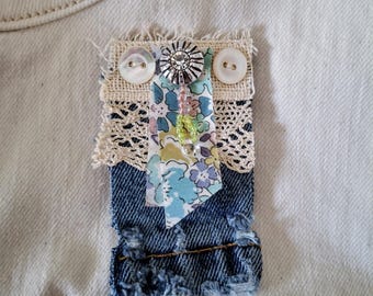 Textile Fiber Art Pin - Boho denim brooch with antique lace, buttons and beading.