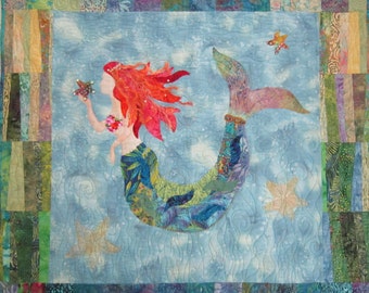 The Mermaid raw edge applique and pieced wall quilt pattern - Digital Download Pattern!  Immediate Delivery - PDF