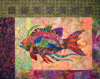 Tuscany Tile Fish raw edge applique and pieced wall quilt pattern