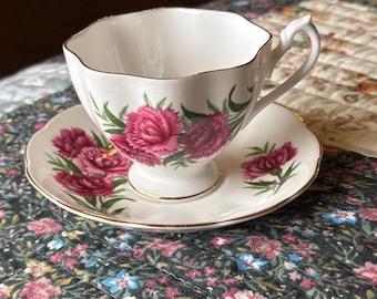 Queen Anne Cup and Saucer: Bone China, Pink Carnation Pattern, Vintage, England