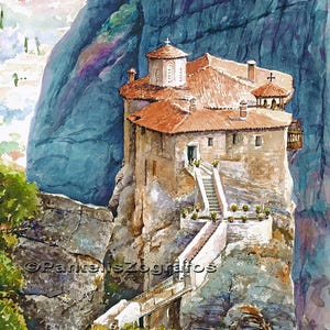 Könnte beinhalten: Ein Aquarellbild eines in eine Klippe gebauten Klosters. Das Kloster ist in Braun- und Weißtönen gemalt, mit blauem Himmel und grünen Bäumen im Hintergrund. Das Bild ist unten rechts mit "Pantelis Zografos" signiert.