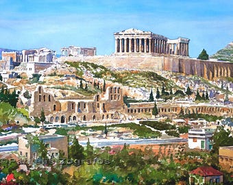 Impression aquarelle de l'Acropole d'Athènes, art mural Parthénon en Grèce, peinture Architecture de la Grèce antique, paysage européen horizontal, jet d'encre jet d'encre