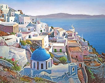 Santorini Greece Watercolor Print, Oia Village Wall Art, Blue Dome Church Painting, Mediterranean Coastal Decor, Giclee Fine Art Print