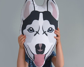 Poduszka SKYE w kolorze szarym i białym z nadrukiem syberyjskiego husky Wzór z psem Pluszowa zabawka Pluszowe zwierzę Miękka tkanina minky Wzór z psem Ręcznie robiony prezent 17"x 14"