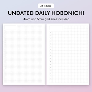 May include: Two-page spread of undated daily Hobonichi planner inserts with 4mm and 5mm grid sizes. The pages are white with a grid pattern and time markings. The text "A5 RINGS" and "UNDATED DAILY HOBONICHI" are at the top.