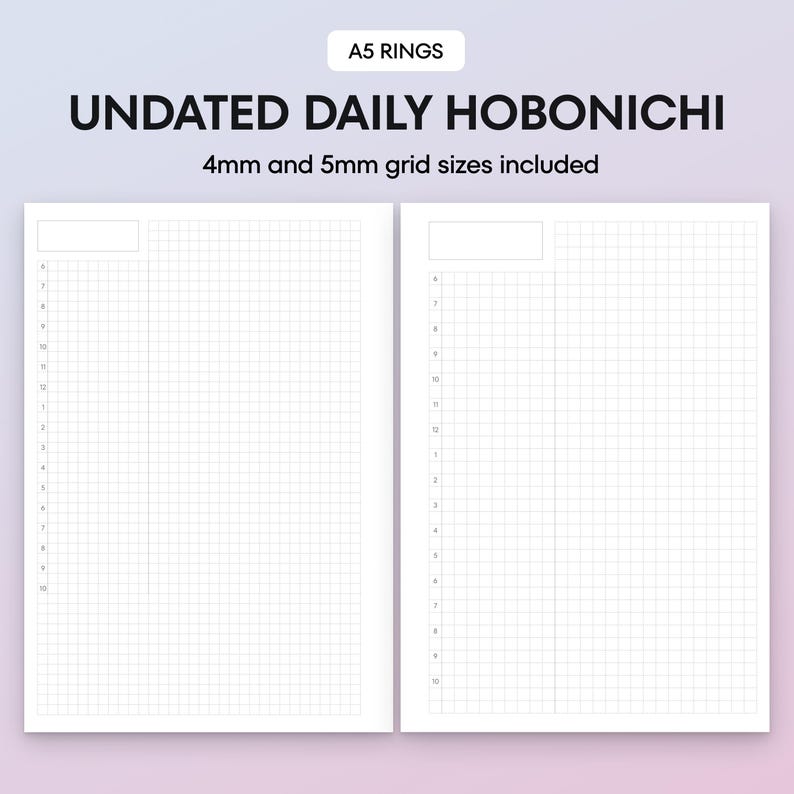 May include: Two-page spread of undated daily Hobonichi planner inserts with 4mm and 5mm grid sizes. The pages are white with a grid pattern and time markings. The text "A5 RINGS" and "UNDATED DAILY HOBONICHI" are at the top.