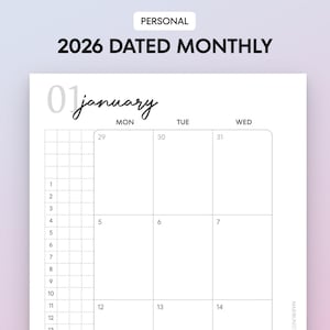 May include: A white 2026 dated monthly planner with the word "PERSONAL" at the top. The month of January is displayed with the days of the week and dates. The planner has a grid layout for each day.