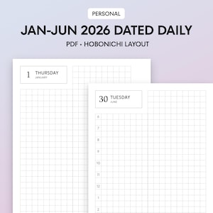 Personal 2026 January-June Dated Daily Hobonichi Planner Inserts | 4mm Grid | Rings, Discs, Filofax