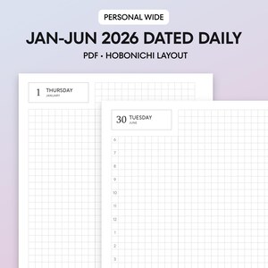 Op de afbeelding: Een witte plannerpagina met een rasterindeling, met de tekst "JAN-JUN 2026 DATED DAILY" en "PDF • HOBONICHI LAYOUT". De pagina bevat data voor 1 januari en 30 juni, met de dagen van de week. De planner is ontworpen voor persoonlijk breed gebruik.