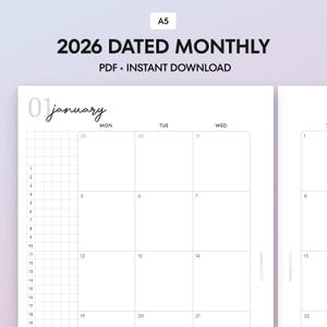May include: A white 2026 dated monthly planner with the text "2026 DATED MONTHLY" and "PDF • INSTANT DOWNLOAD". The planner shows a January calendar layout with grid lines and dates.
