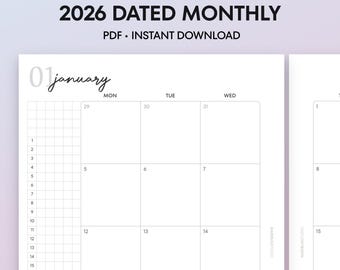 May include: A white 2026 dated monthly planner with the text "2026 DATED MONTHLY" and "PDF • INSTANT DOWNLOAD". The planner shows a January calendar layout with grid lines and dates.