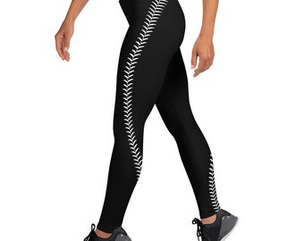 Black Baseball Leggings: White Stitch Print, XS-XL