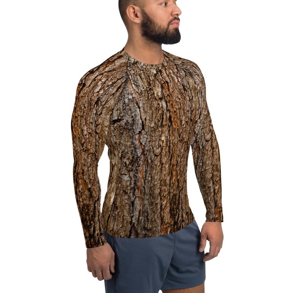 Unisex Tree Bark Rash Guard. Great for costumes, hunting. Polyester & Spandex Blend. Size Men's XS-3XL. Printed and Sewn in USA.