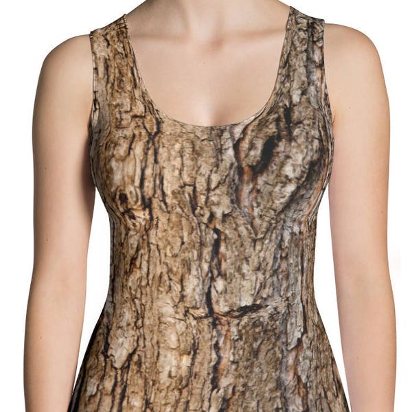 Tree Bark Print Tank Top. Great for costumes, hunting. Polyester & Spandex Blend. Size XS-XL. Printed and Sewn in USA.