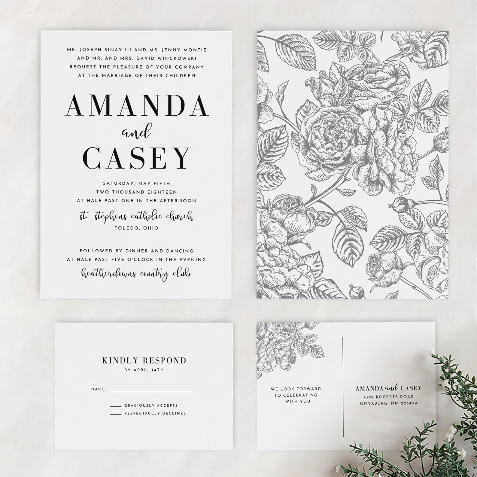 Gray Floral Wedding Invitation Suite. Canva Template. Canva Etsy