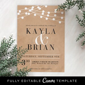 Rustic wedding suite. Editable Canva templates. Invitation and RSVP. Instant download wedding template. Backyard wedding.