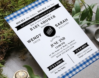 Blue Gingham Double Baby Shower Invitation: Canva Template (Digital Download)